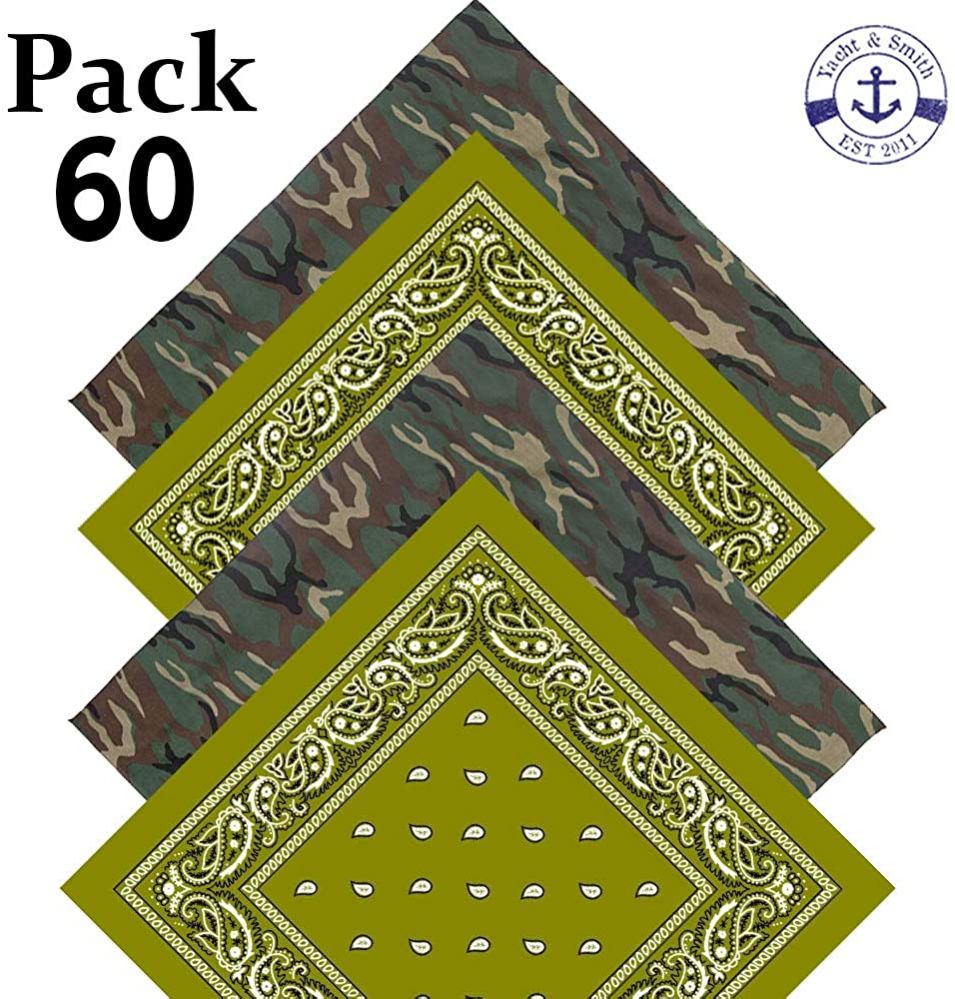 60 Units Of Camo And Army Green Cotton Bandanna 22x22 Inch Cotton Free