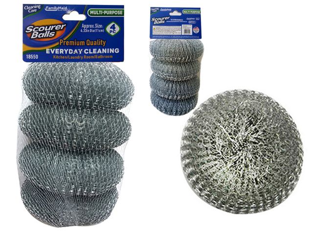 96 Units of 4 Piece Stainless Steel Wire Ball Kitchen Scourer Brush ...