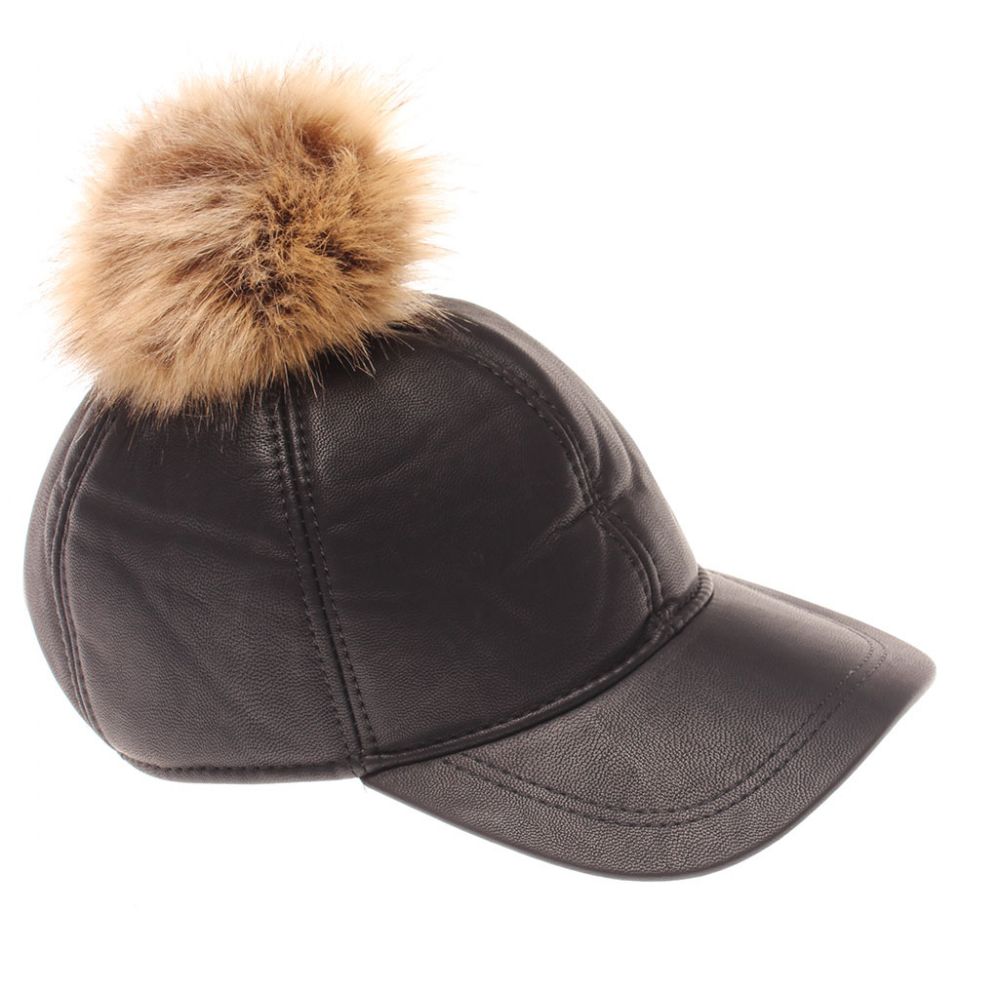 pom pom leather baseball cap