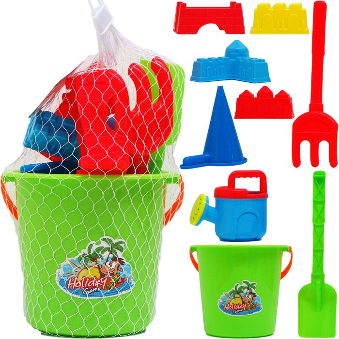 12 Units Of 6 Beach Toy Bucket With 8pc Acss In Pegable Net Bag