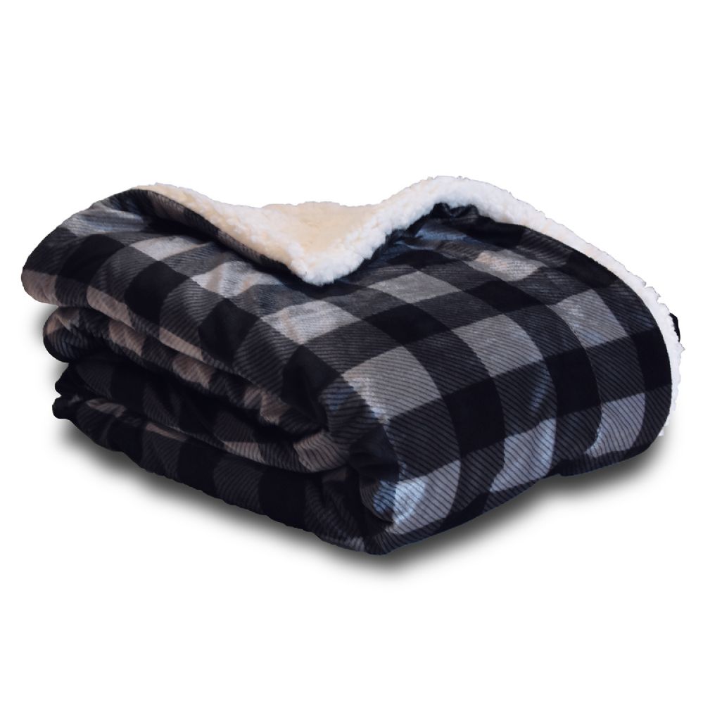 12 Units of 50x60 Gray/Black Plaid Micro MinkSherpa Blanket Fleece