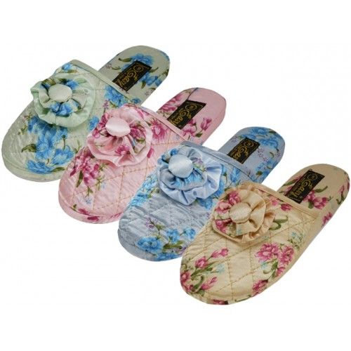 48 Units Of Women S Quilted Satin Floral Upper Close Toe Bedroom Slippers Women S Slippers