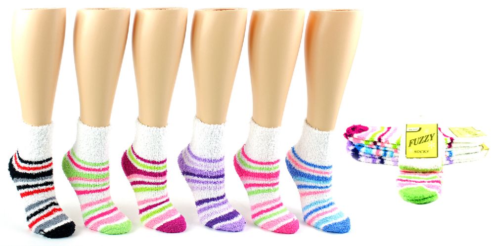 72 Units Of Womens Fuzzy Ankle Socks Striped Print Size 9 11