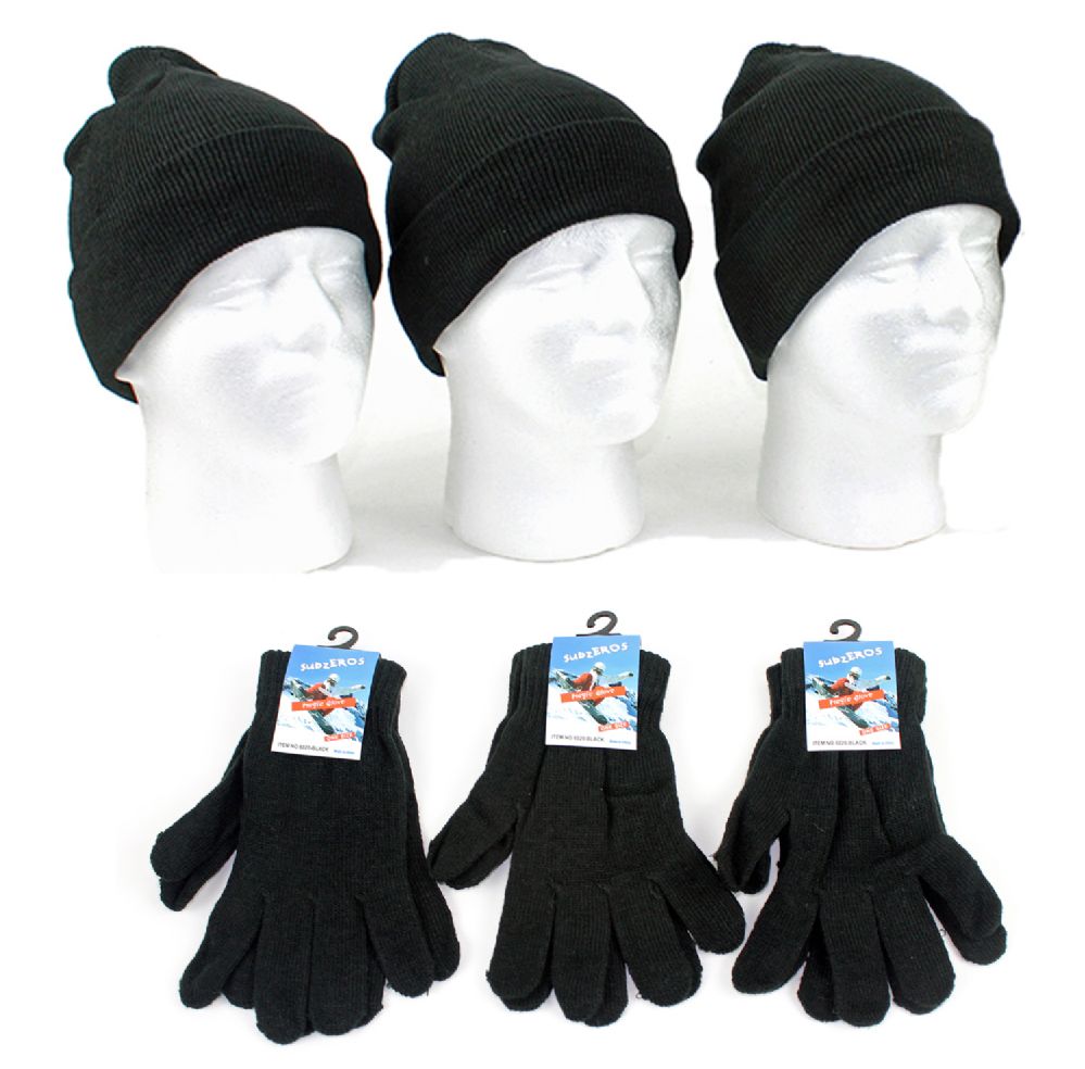 120 Units of Adult Cuffed Knit Hats And Magic Gloves Combo Packs ...