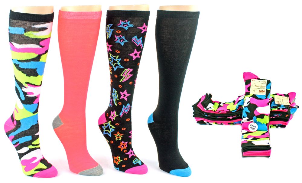 6 Units of Women's Knee High Novelty Socks - Assorted Neon Prints ...