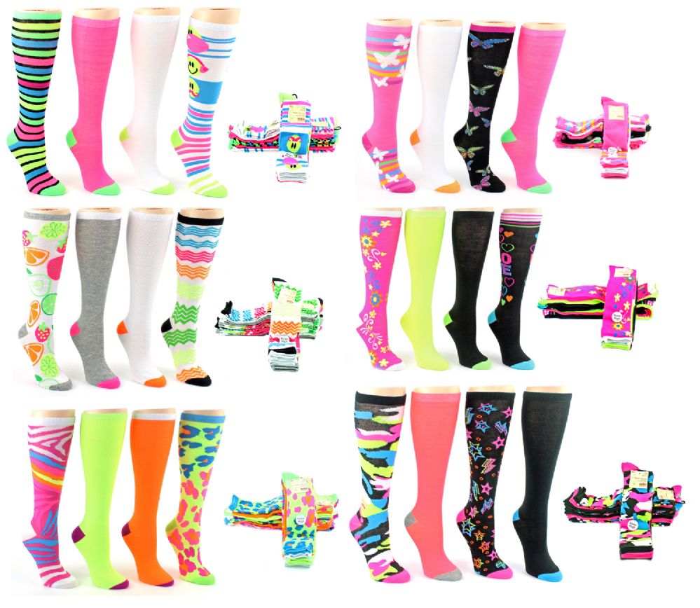24 Units Of Women S Knee High Novelty Socks Assorted Neon Prints Size 9 11 4 Pair Packs