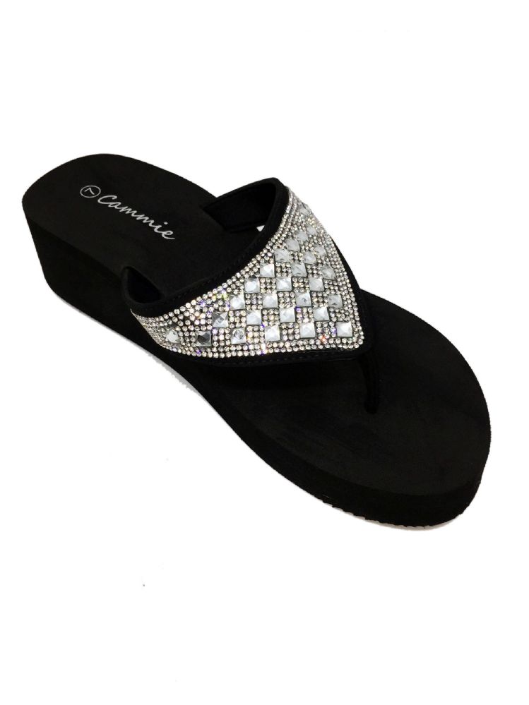 18 Units of Cammie Double Wedge Sandals With Rhinestones In Black ...