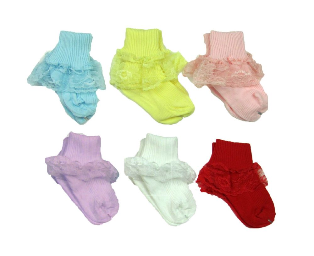 120 Units Of Girls Classic Ribbed Lace Ankle Socks Size L Assorted Colors Girls Ankle Sock 0438