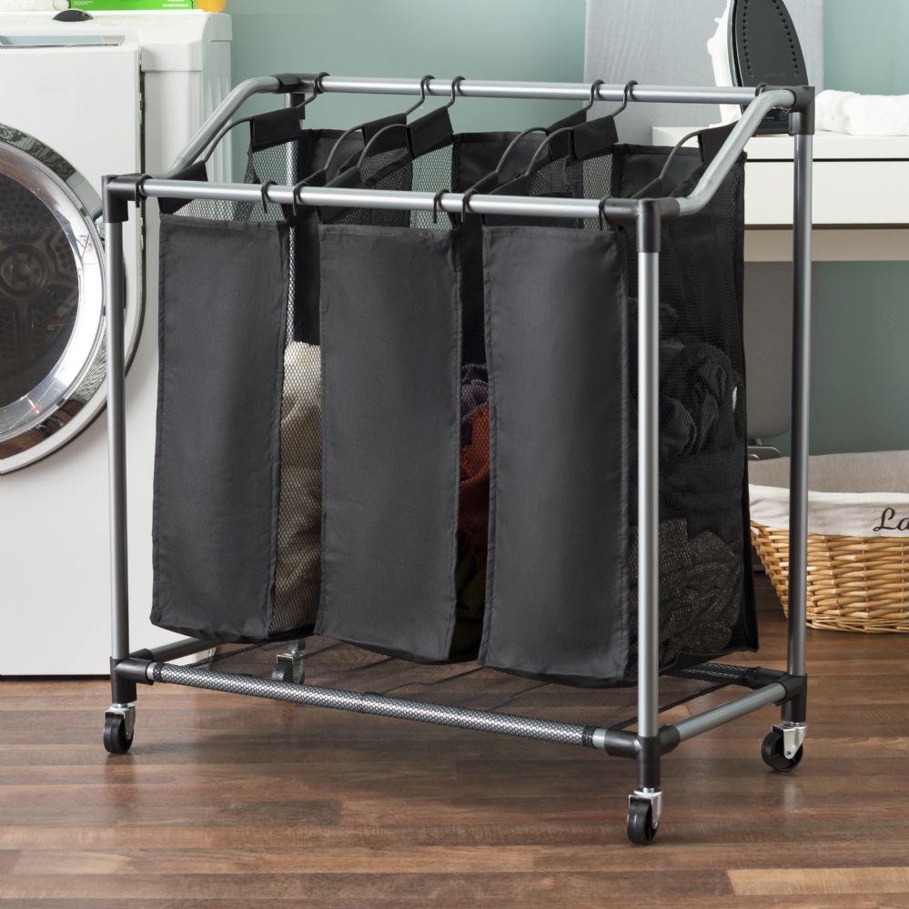 4 Units of Sunbeam Mesh Triple Sorter With Wheels, Black Laundry Baskets & Hampers at